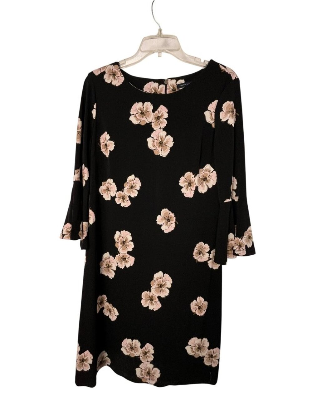 Tommy Hilfiger Black Floral Print Bell Sleeve Shift Dress Womens 10 USED
